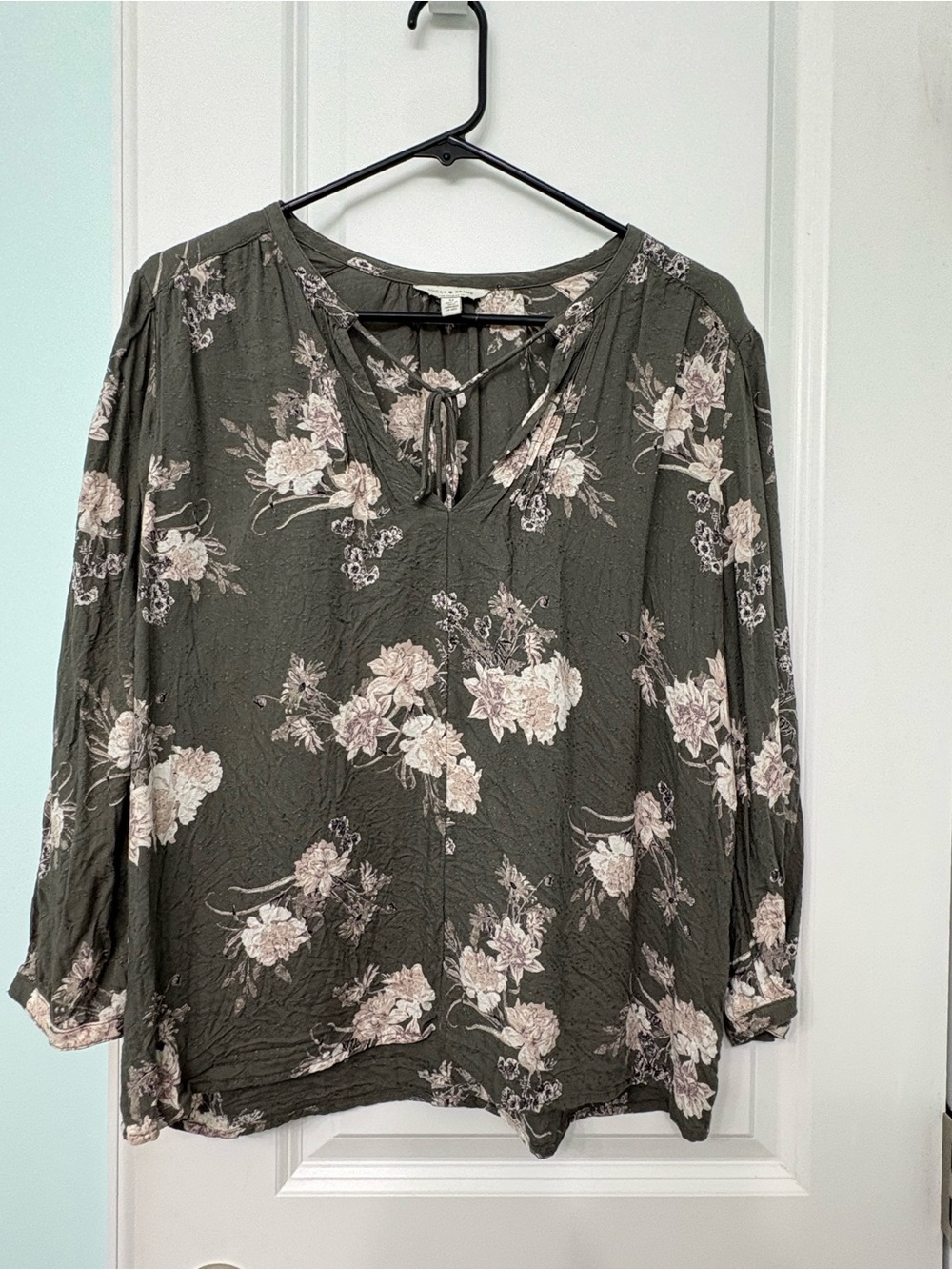 Lucky Brand Olive Floral Tie-Neck Blouse